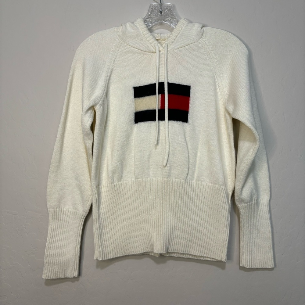 TOMMY JEANS Knit Hoodie Sweater Cream Red White Blue Vintage Retro Size Medium